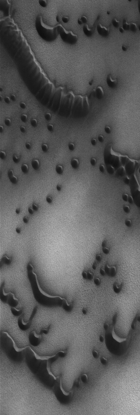 This Mars Global Surveyor (MGS) Mars Orbiter Camera (MOC) image shows dark sand dunes in the north polar region of Mars. The dominant winds responsible for these dunes blew from the lower left (southwest). They are located near 76.6°N, 257.2°W. The picture covers an area 3 km (1.9 mi) across; sunlight illuminates the scene from the upper right. MGS MOC Release No. MOC2-970, 13 January 2005 Credits: NASA/JPL/Malin Space Science Systems
